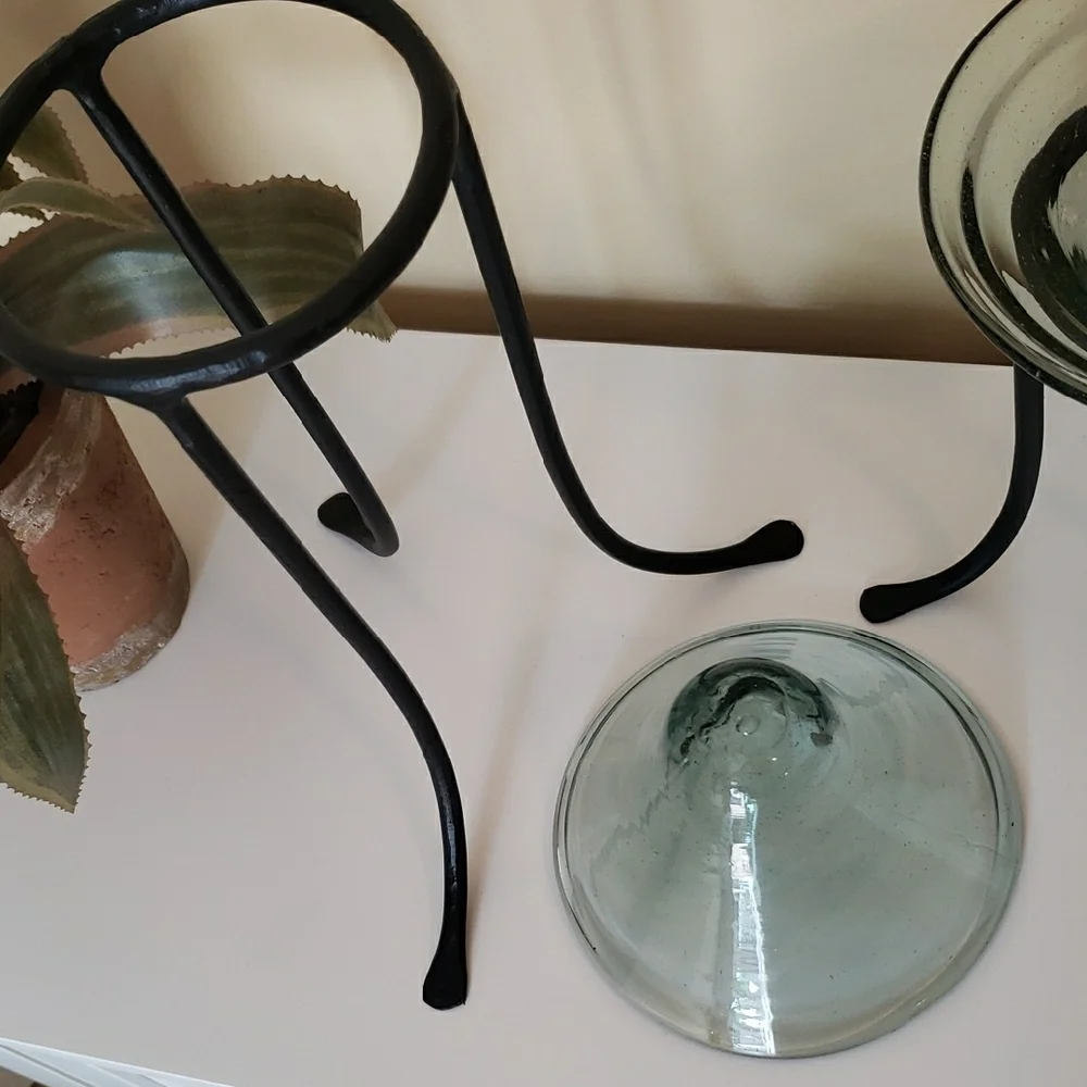 Green-tinted Glass Dishes & Black Metal Stands- Decor/ Candle Holders - Set Of 2